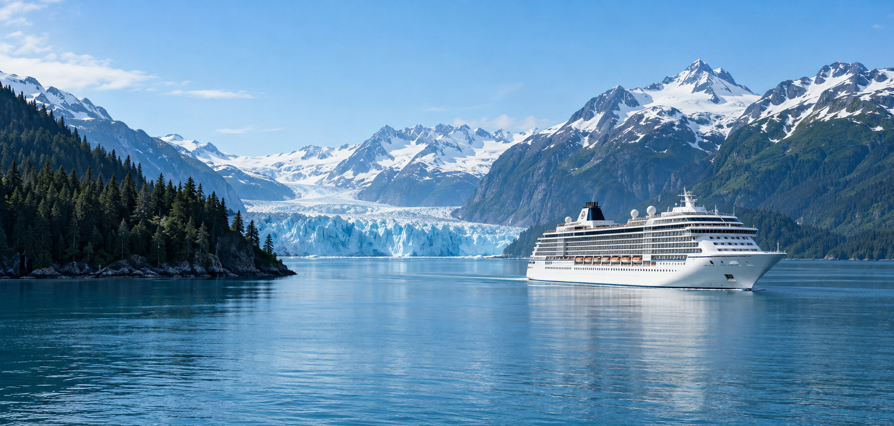 Cruise ship sailing toward a blue glacier in an Alaskan fjord